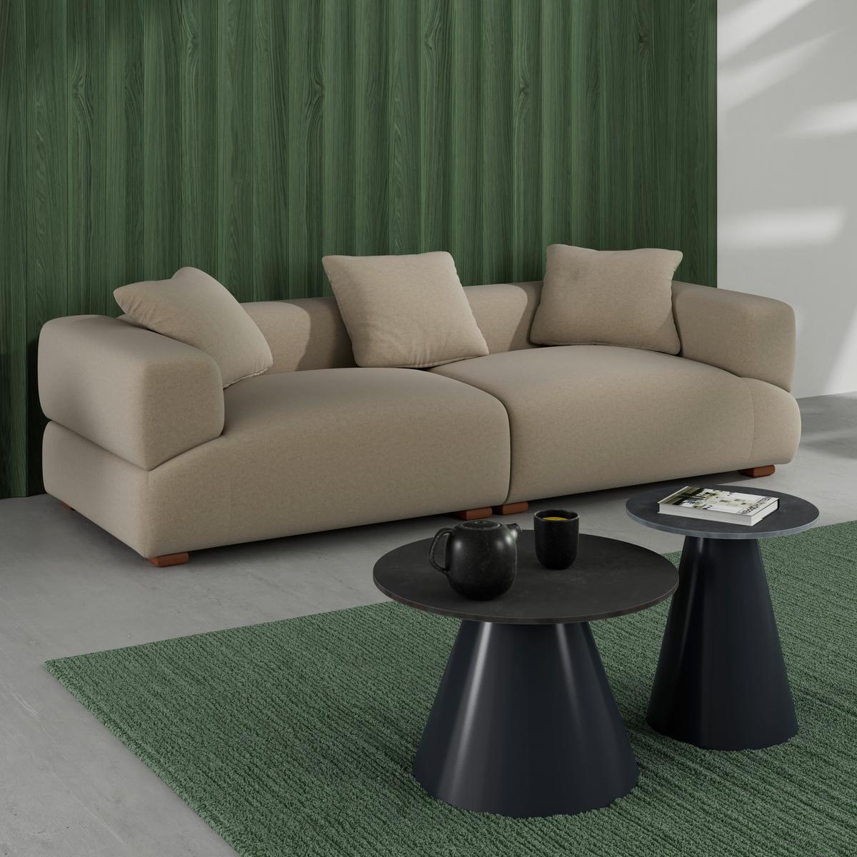 Pohovka TALIA, béžový samet, max.360 kg - khaki/přírodní barvy, Moderní, dřevo/textil (237/61/99cm) - Bessagi Home