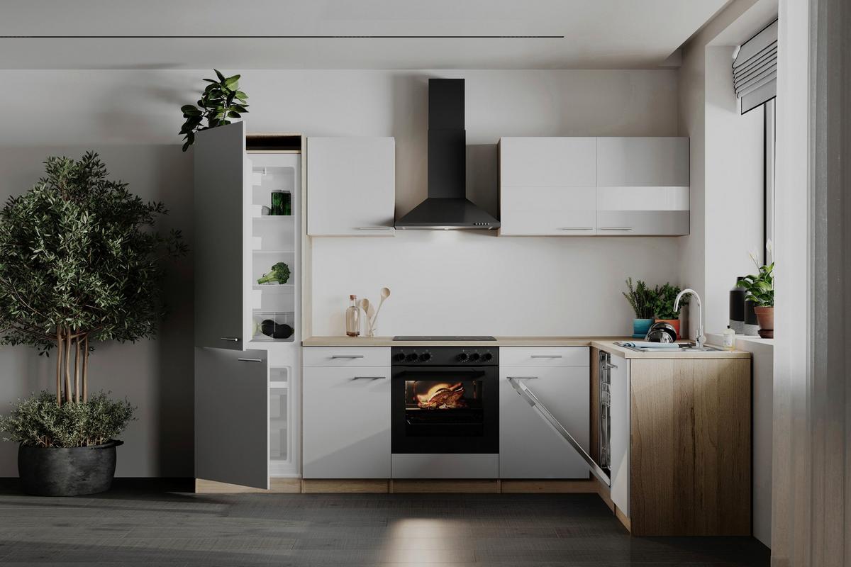 Eckküche Merle Weiß/Eichefarben B: 280cm - Eichefarben/Weiß, Basics, Holzwerkstoff (280/172cm) - Respekta