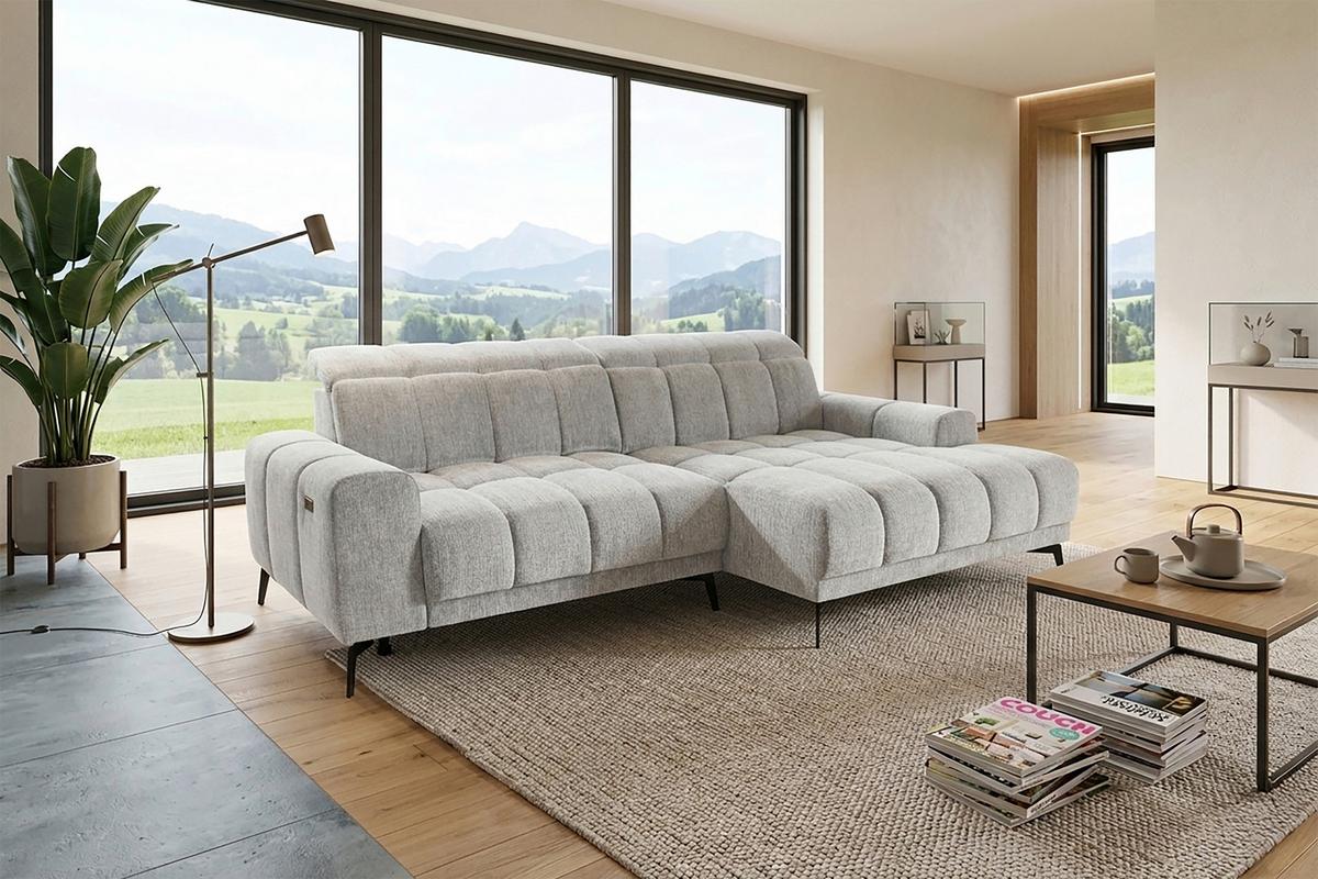 Rohová sedačka LAYA, pravá, stříbrná žinylka KANSAS - barvy stříbra/hořčicově žlutá, Moderní, textil (250/155cm) - Premium Living