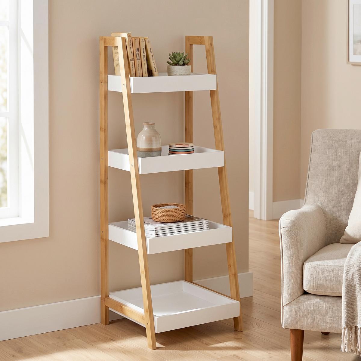 Regal Liane 2 B: 34 cm Bambus massiv/Weiß - Naturfarben/Weiß, MODERN, Naturmaterialien/Holzwerkstoff (34/98/35cm)