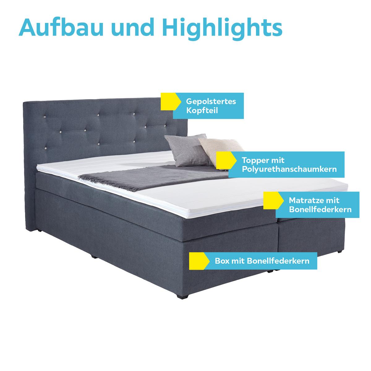 Boxspringbett Mit Topper, Strasssteinen 180x200 Luminosa - Anthrazit/Schwarz, MODERN, Textil (180/200cm)