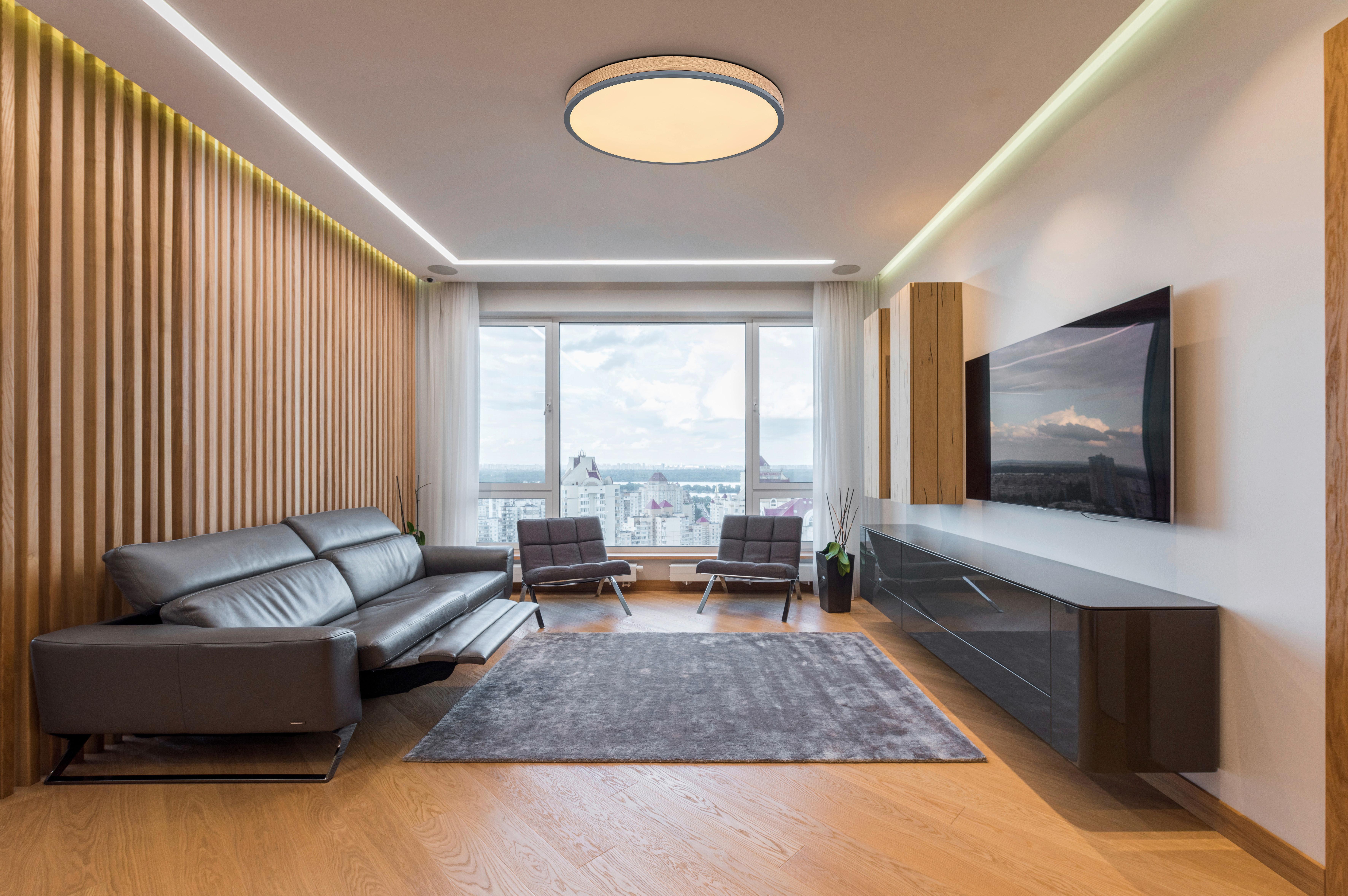 Led-deckenleuchte Ø 60 Cm Mit Farbtemperaturenwechsler - Opal/Graphitfarben, Natur, Holzwerkstoff/Kunststoff (60/8,5cm) - Globo