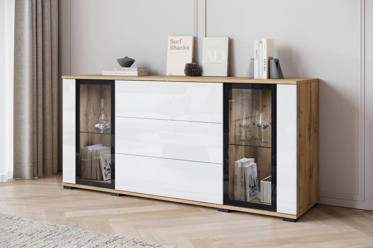 Kommode Caro Eiche Wotan/Weiß Hg B: 150 cm - Weiß Hochglanz/Eiche Wotan, Design, Glas/Holzwerkstoff (150/69,7/39,5cm) - Livetastic
