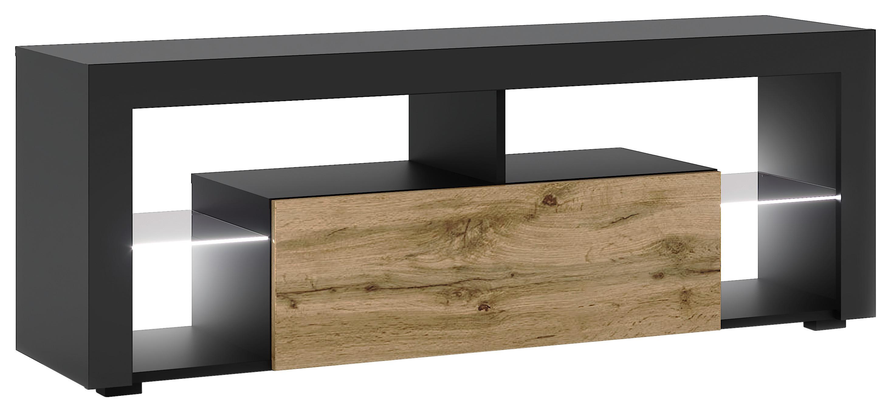 TV-Lowboard Led B: 140 cm Eiche Wotan, Schwarz - Eiche Wotan/Schwarz, Design, Glas/Holzwerkstoff (140/50,5/35cm) - Livetastic