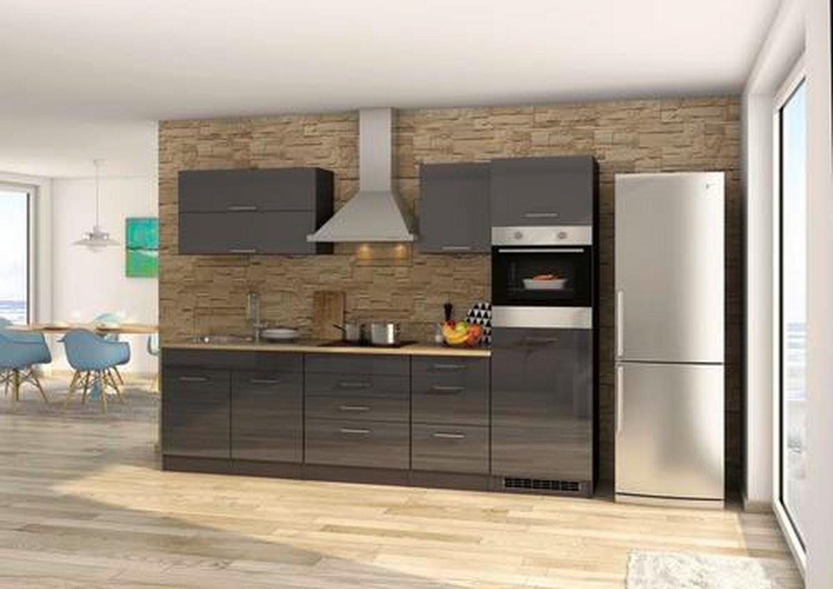 Küchenzeile Mailand mit Geräten 290 cm Anthrazit Hochglanz - Eichefarben/Anthrazit, MODERN, Holzwerkstoff (290cm) - Held