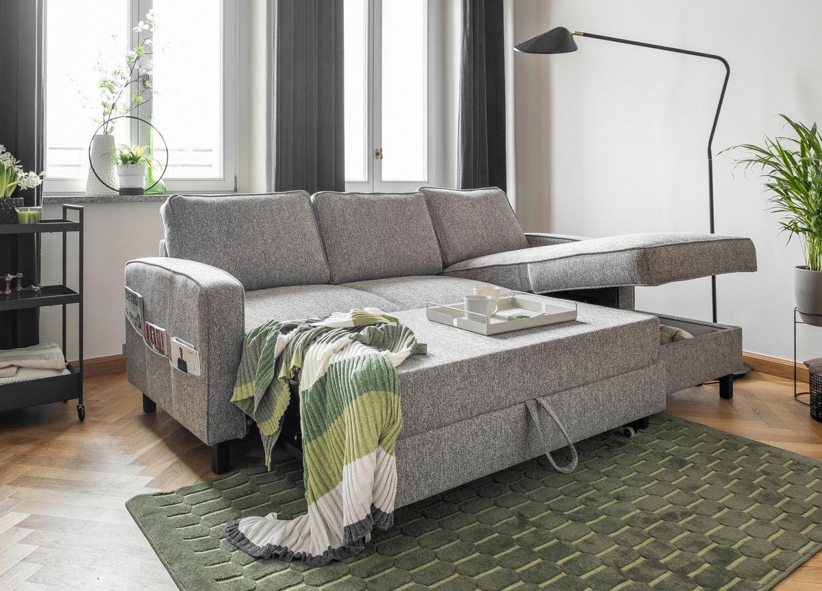 Sedačka MELANIE S, pravá, šedá, úl.prostor a lůžko - šedá/černá, dřevo/textil (228/148cm) - MID.YOU