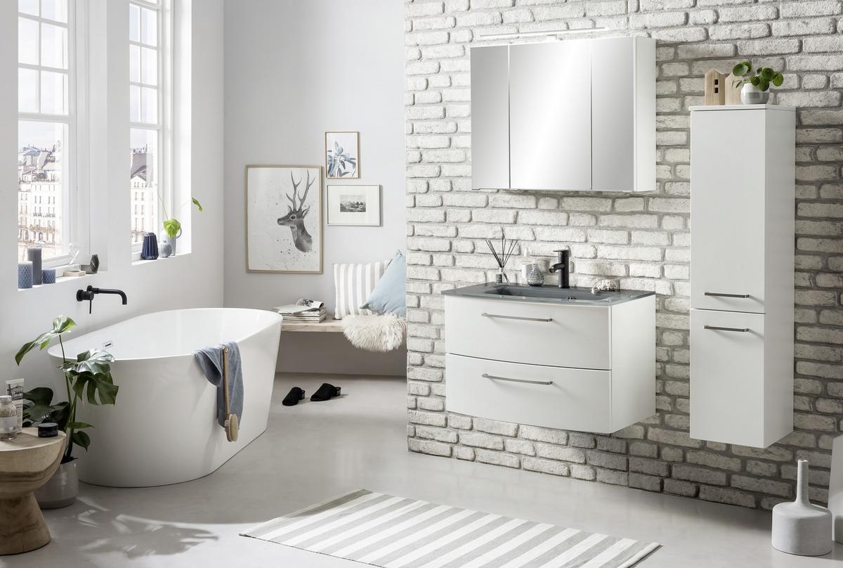 Waschbecken mit Unterschrank Stockholm B: 80cm Weiß/Grau - Weiß/Grau, KONVENTIONELL, Glas/Holzwerkstoff (80cm) - Held