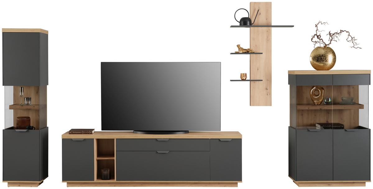 Wohnwand Jake Anthrazit/ Eiche Artisan Dekor B: 423,8cm - Anthrazit/Eiche Artisan, Trend, Glas/Holzwerkstoff (423,8/187/38cm)