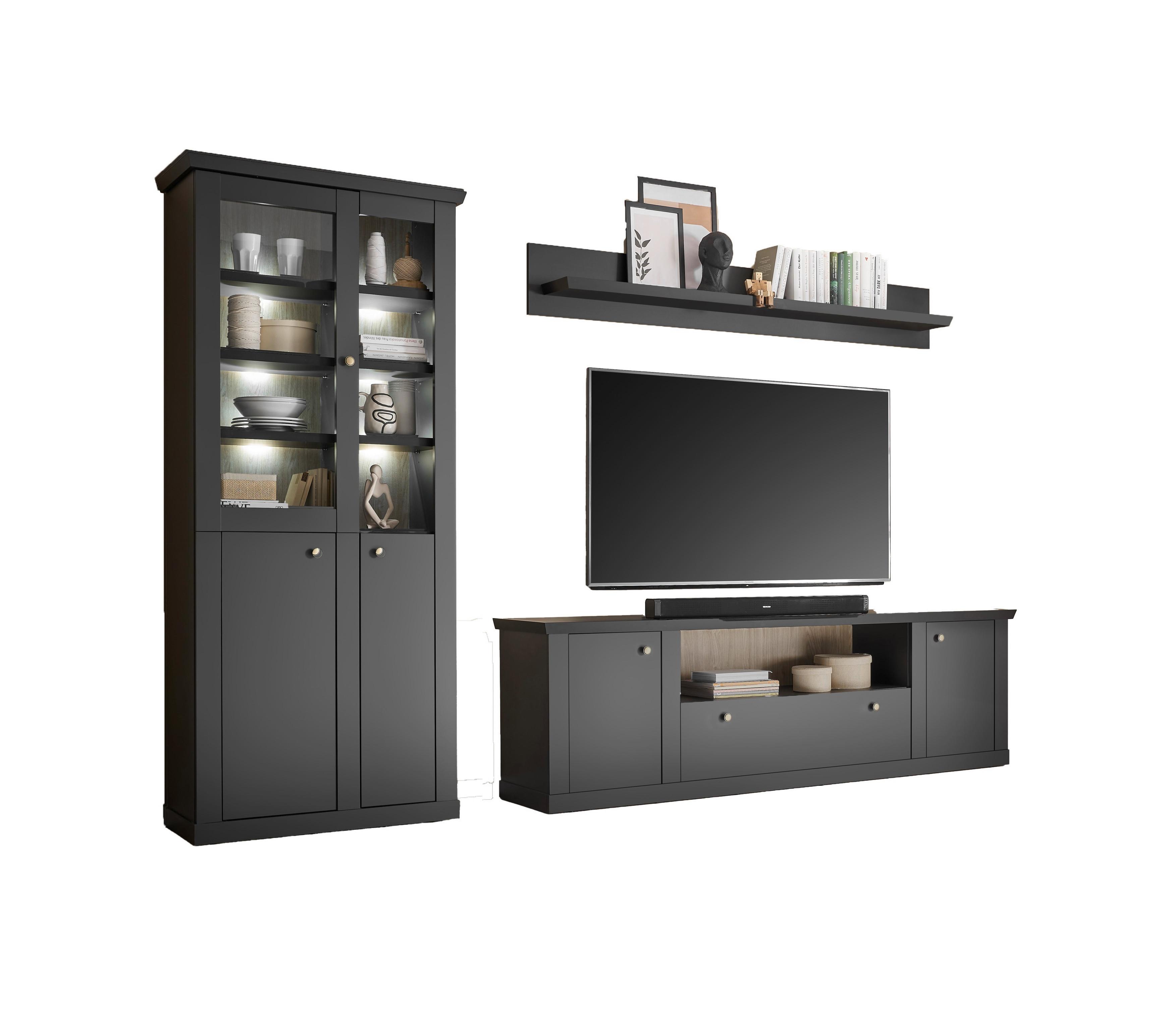 Wohnwand Lincoln Schwarz/Eichefarben B: 301cm - Eichefarben/Schwarz, Design, Holzwerkstoff (301/200/42cm) - MID.YOU
