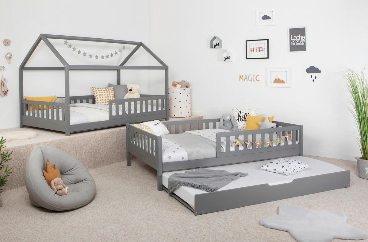 Bodenbett 100/200 Cm Hellgrau Inkl. Matratzen Und Zusatzbett - Hellgrau/Naturfarben, MODERN, Holz/Textil (100/200cm) - MID.YOU