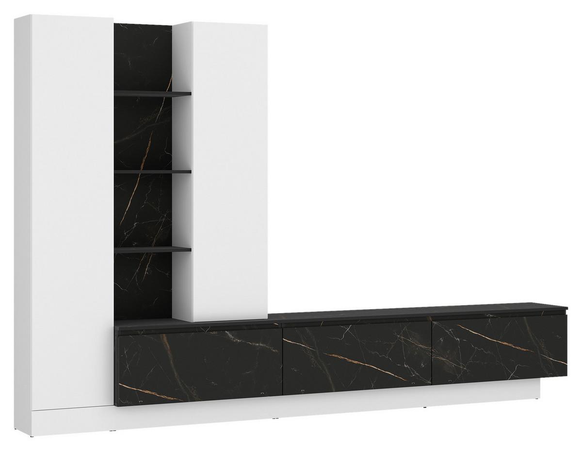 Wohnwand Modesto B: 295 Cm Weiss/schwarz Marmoroptik - Schwarz/Weiß, MODERN, Holzwerkstoff (295/200,5/40cm) - Livetastic