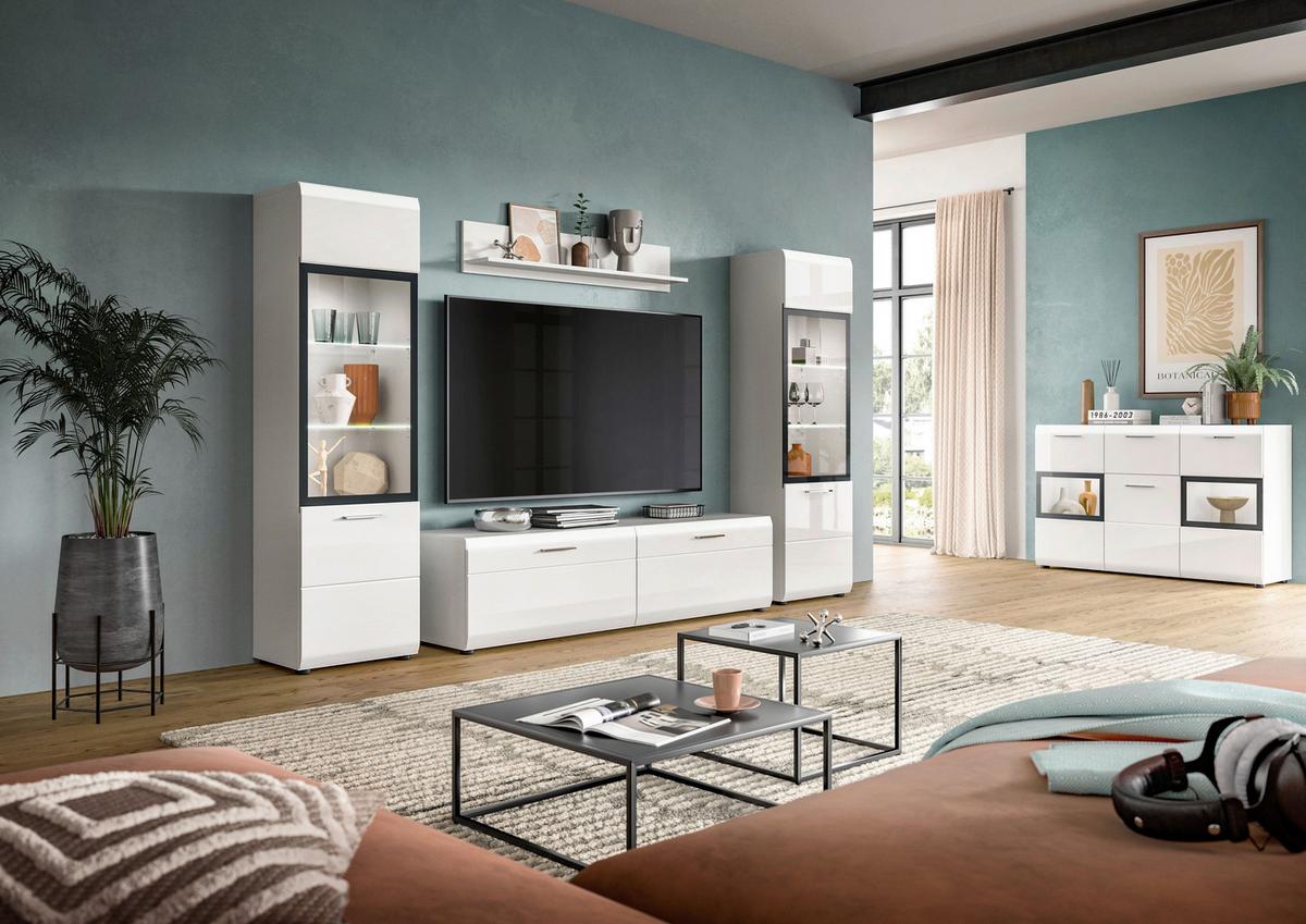 WOHNWAND Ice, Weis B: 220 cm - Weiß Hochglanz/Schwarz, Design, Glas/Holzwerkstoff (220/160/41cm) - Livetastic