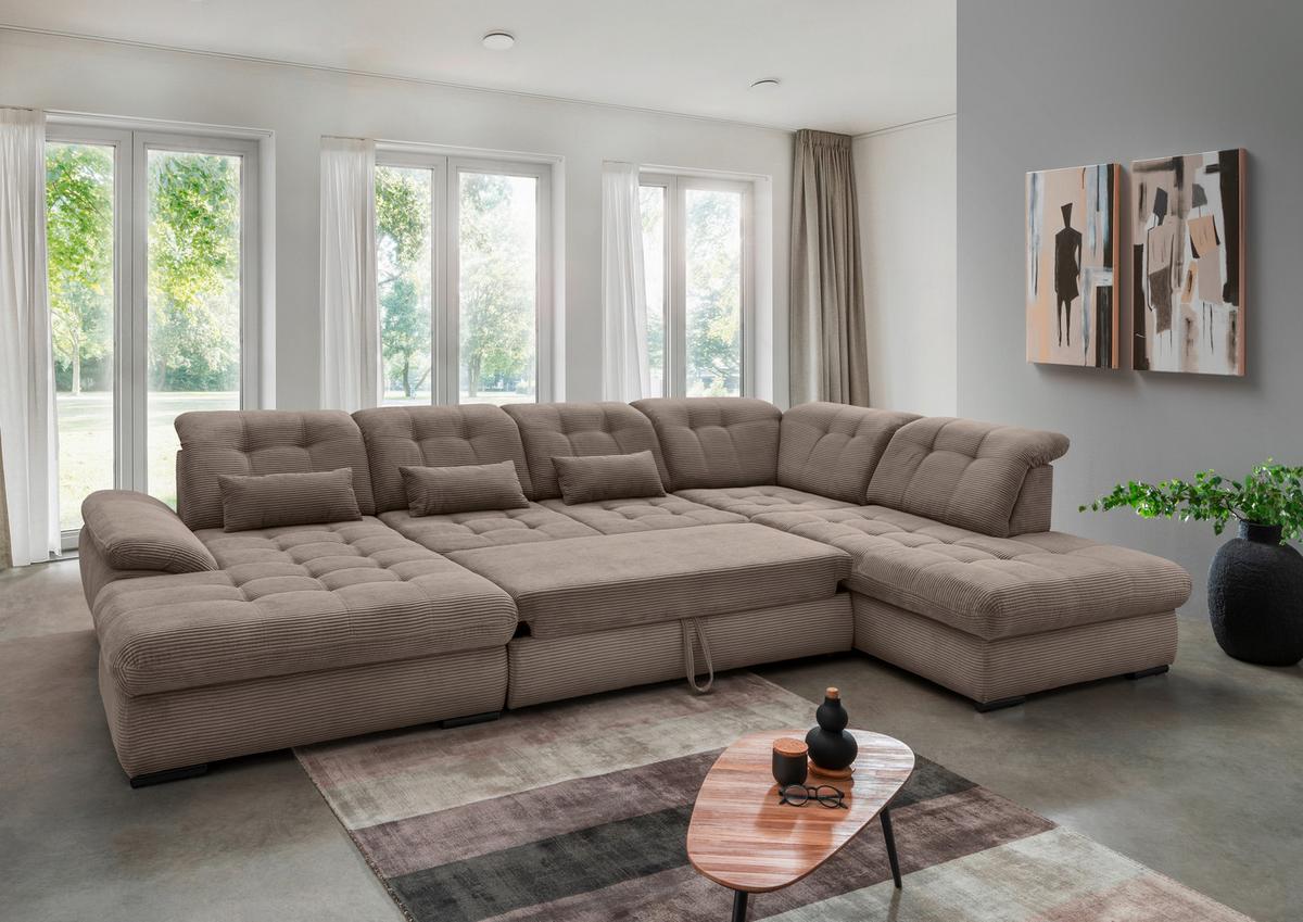 Wohnlandschaft Mit Bettkasten Rigatti Graubraun B: 387 Cm - Graubraun/Schwarz, MODERN, Textil (184/387/252cm) - Livetastic