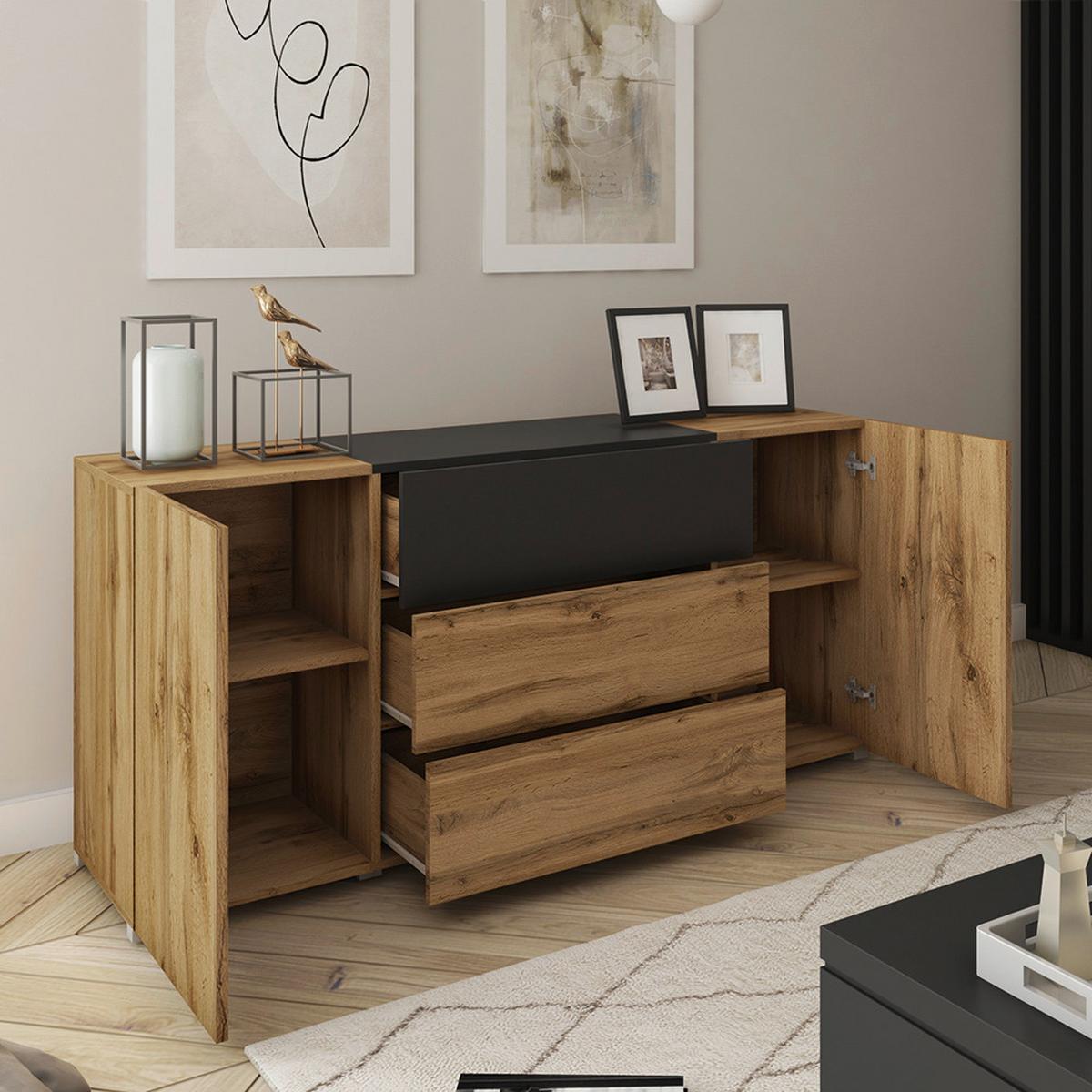 Sideboard Berlin 150 Eiche Wotan/Schwarz B: 150 cm - Eiche Wotan/Schwarz, Design, Holzwerkstoff (150/68/38,5cm) - P & B