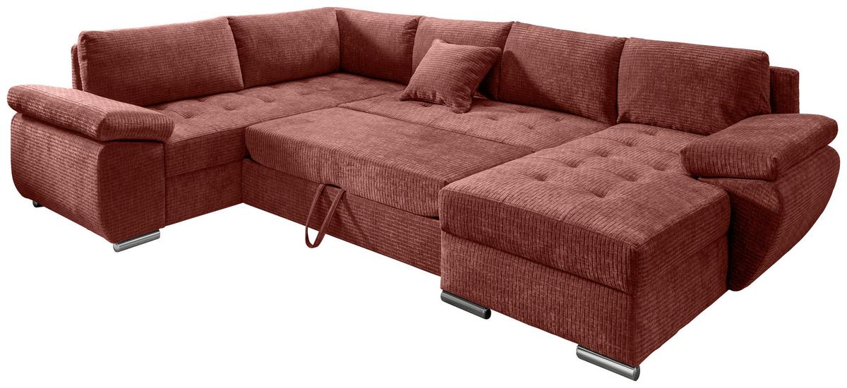 Wohnlandschaft Terana Koralle mit Schlaffunktion, Mikrofaser - Chromfarben/Koralle, KONVENTIONELL, Textil (219/305/157cm) - Livetastic