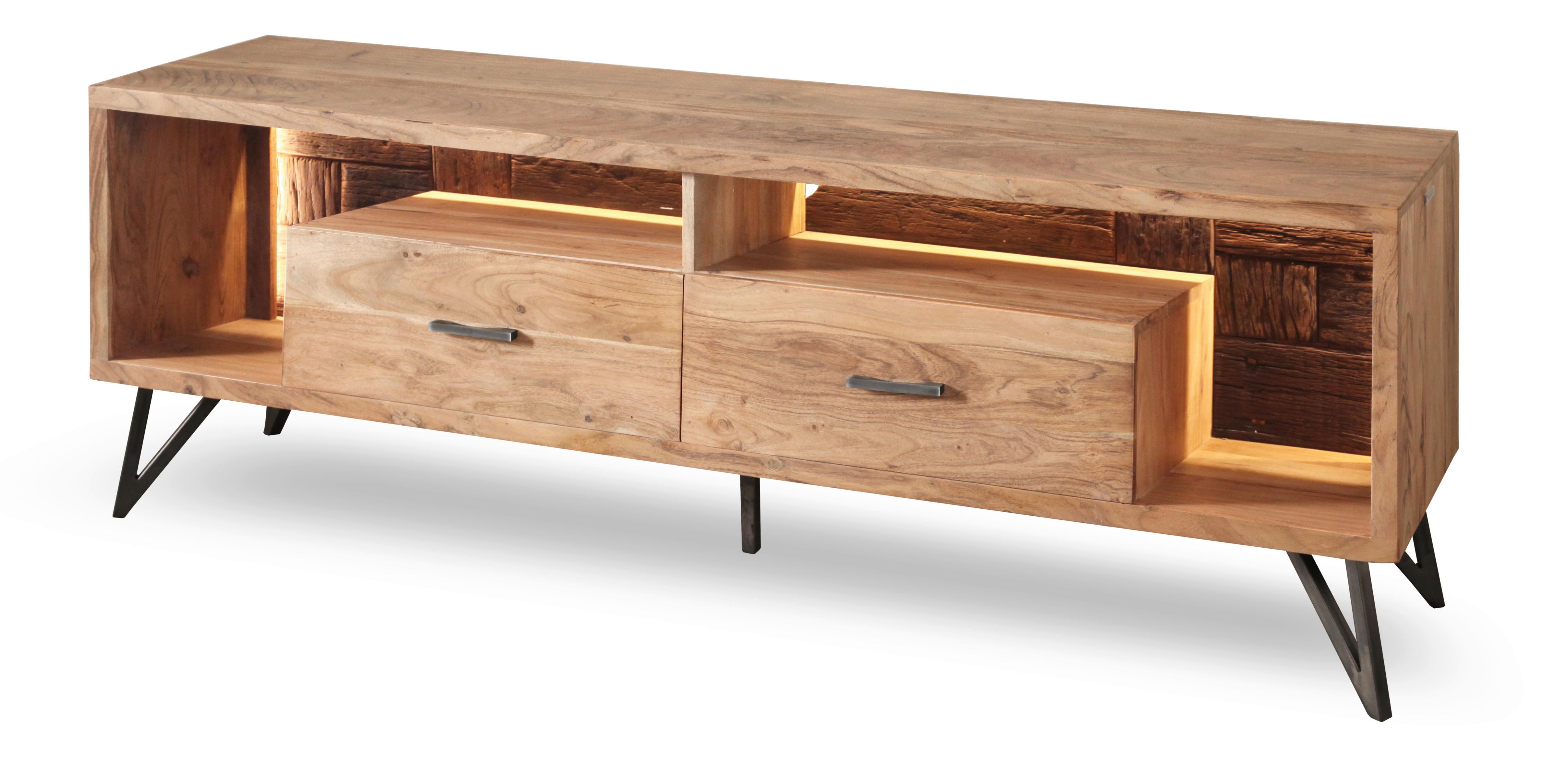 Lowboard Indira Akazie Massiv, B: 175 Cm - Schwarz/Akaziefarben, ROMANTIK / LANDHAUS, Holz/Metall (175/60/40cm)