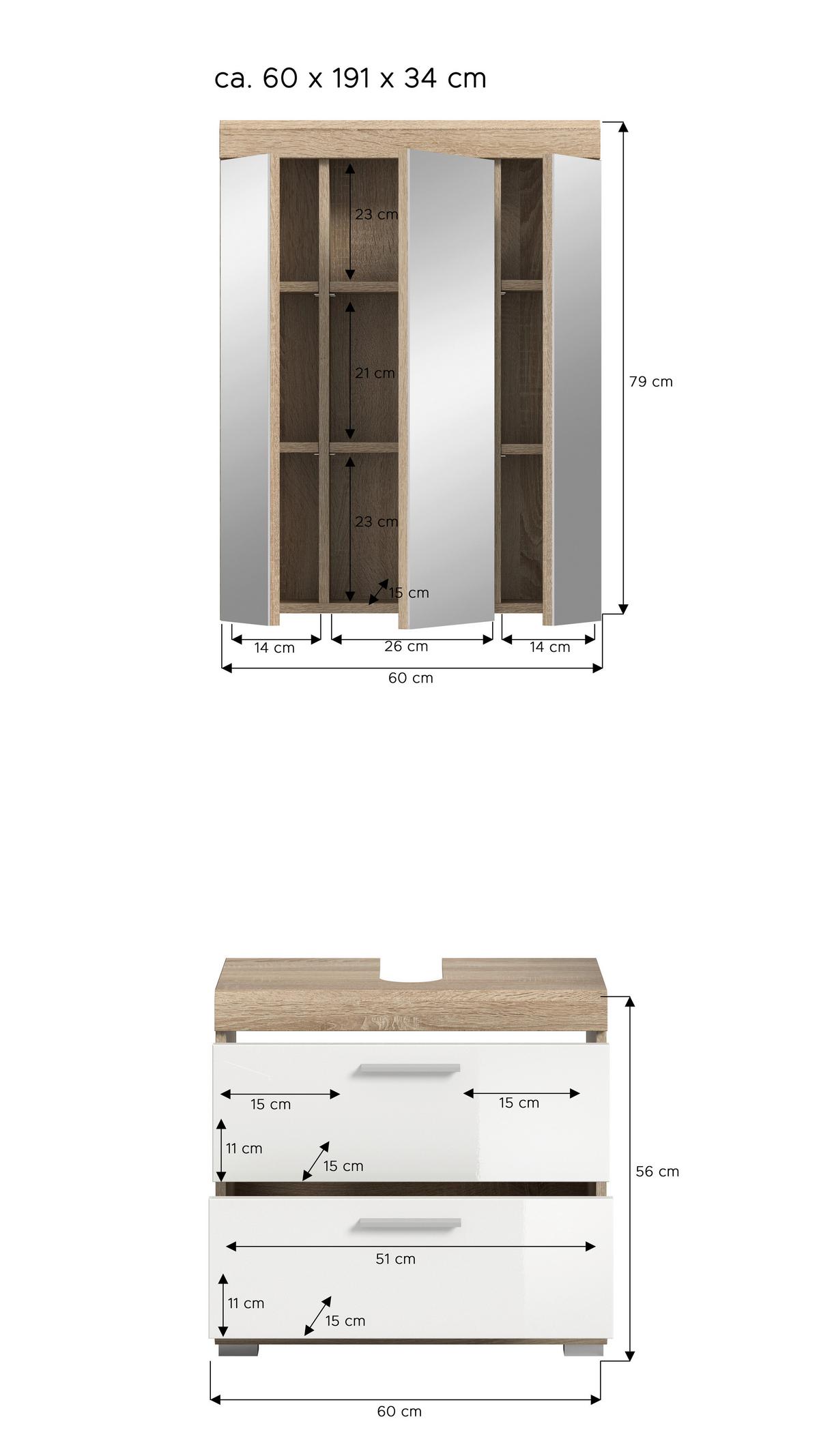 Badezimmer Lambada Eiche Dekor/weiß B: 60 Cm - Weiß Hochglanz/Silberfarben, MODERN, Holzwerkstoff (60cm) - MID.YOU