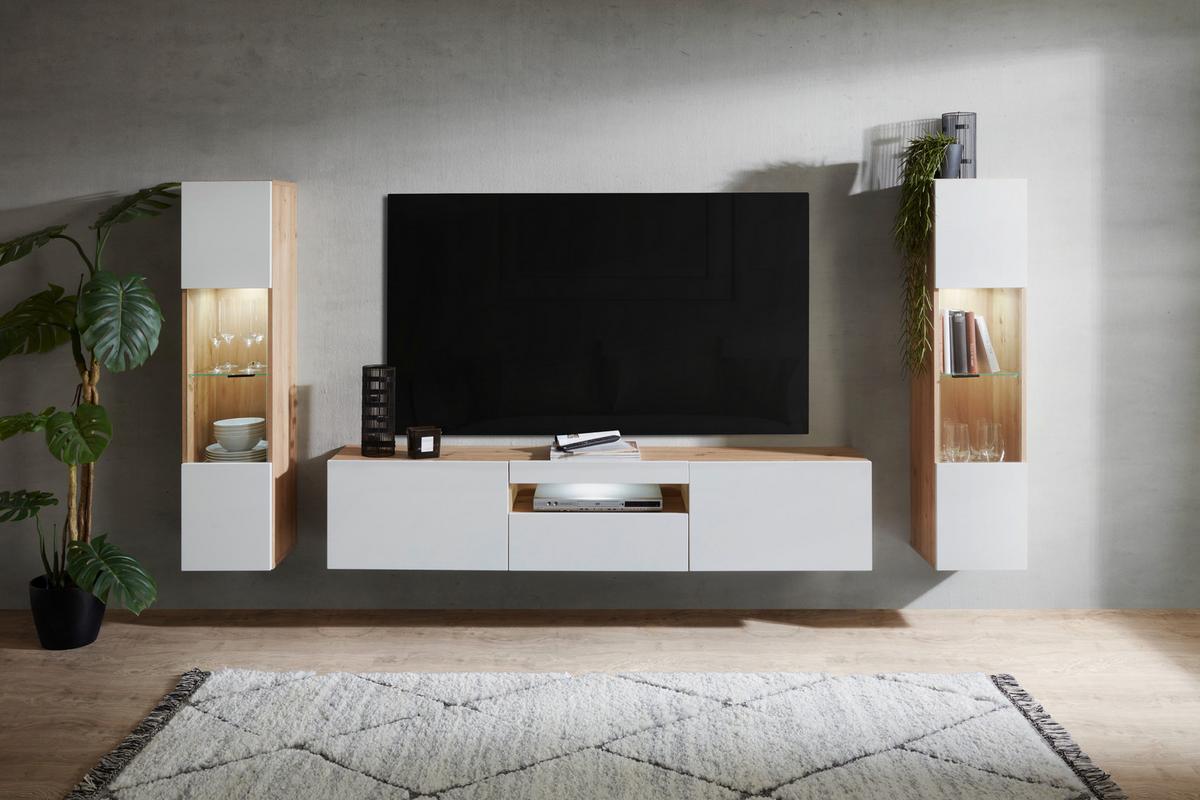 Hängevitrine Oslo - Eichefarben/Weiß Hochglanz, MODERN, Glas/Holzwerkstoff (30/130,2/31,6cm)