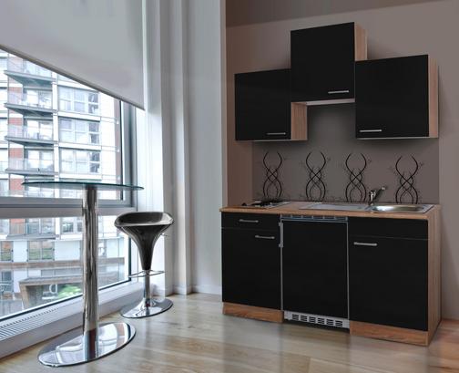 Praktische Miniküche mit schwarzen Fronten und Korpus in Eiche Dekor Praktische Miniküche mit schwarzen Fronten und Korpus in Eiche Dekor