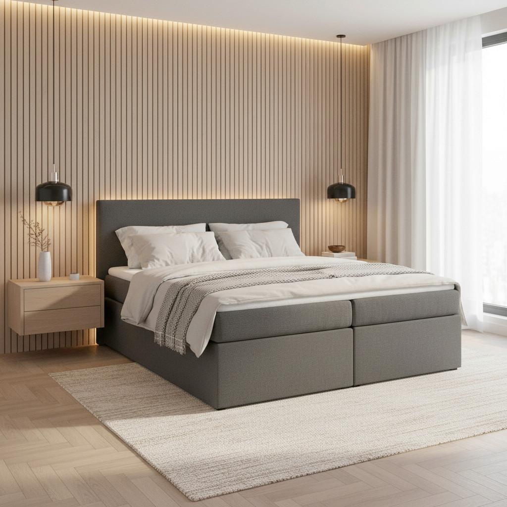 Manželská boxspring postel Lucy, 180x200, šedá - šedá/černá, Moderní, dřevo/kompozitní dřevo (180/200cm) - Bessagi Home