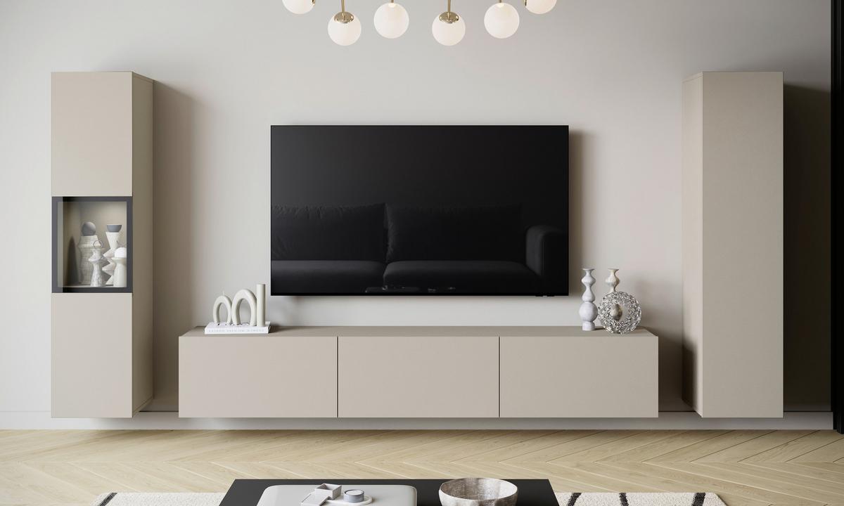Wohnwand mit LED Berlin III Kaschmir - Kaschmir/Grau, Design, Glas/Holzwerkstoff (240/130/31cm) - P & B