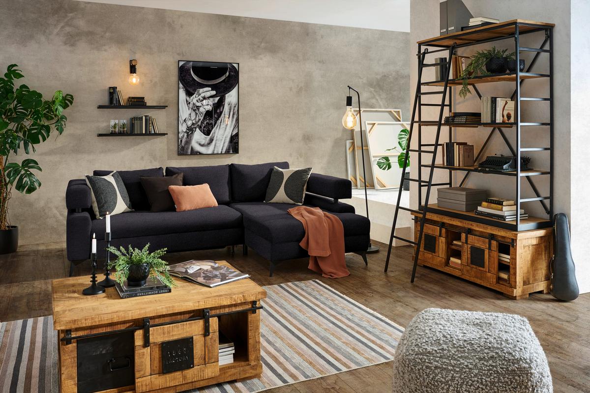 Rohová sedačka ROSALIE, pravá s úložným prostorem a lůžkem - černá, Konvenční, kov/textil (265/184cm)