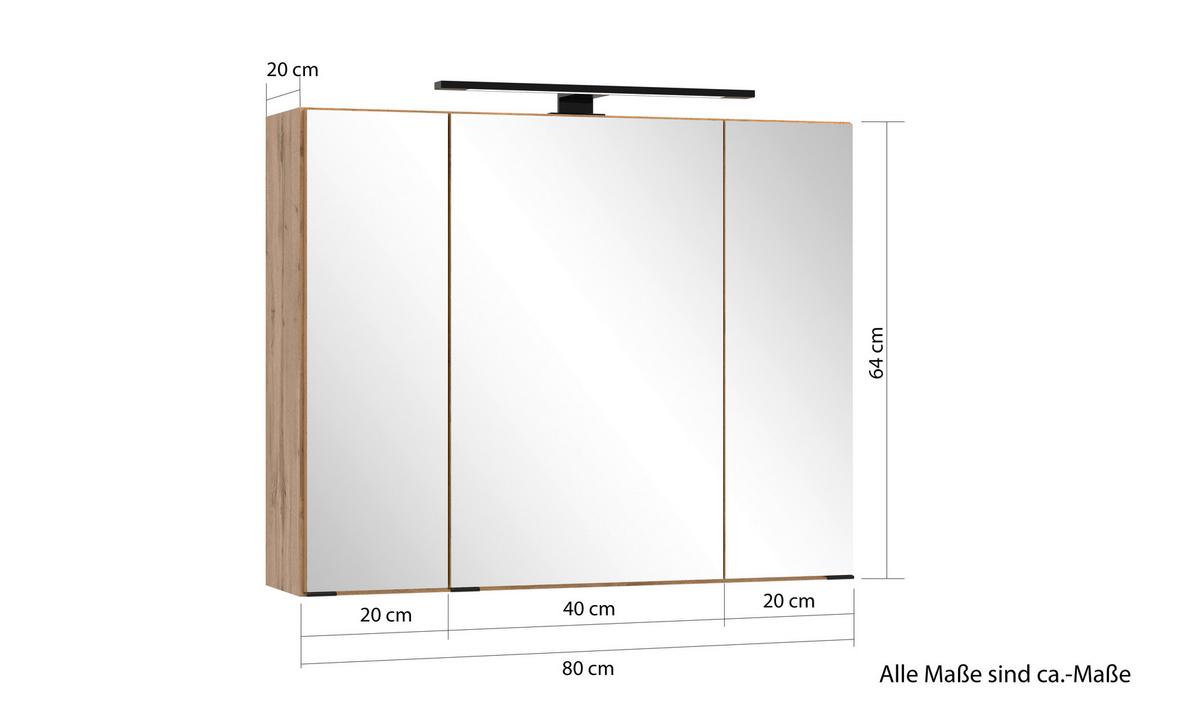 Spiegelschrank Chester mit Led Beleuchtung 3-Türig +steckdose - Eiche Wotan, MODERN, Glas/Holzwerkstoff (80/67,5/20cm) - Held