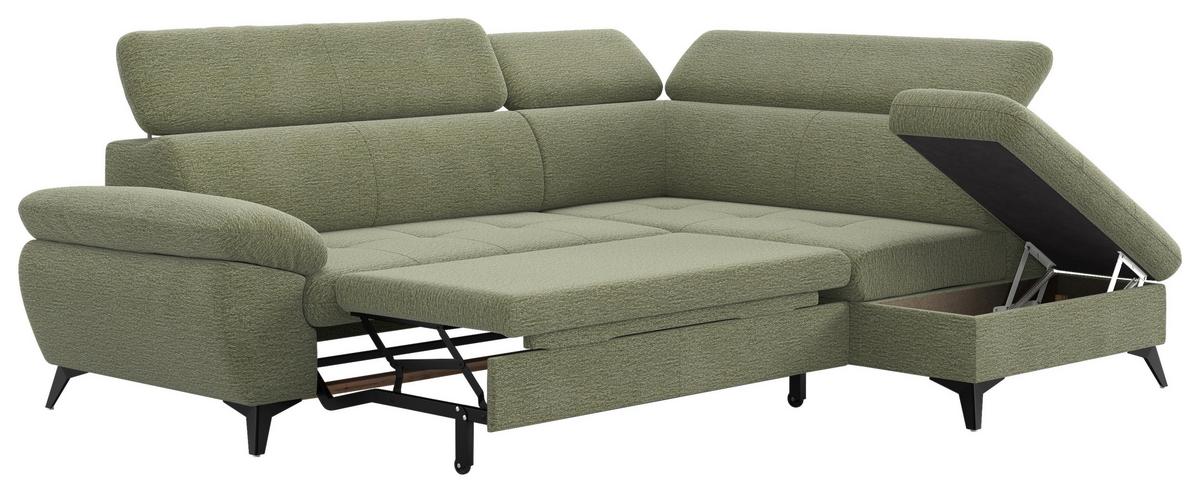 Ecksofa mit Bettfunktion Hudson, Chenille Olivgrün - Schwarz/Olivgrün, KONVENTIONELL, Textil (256/207cm) - Sembella