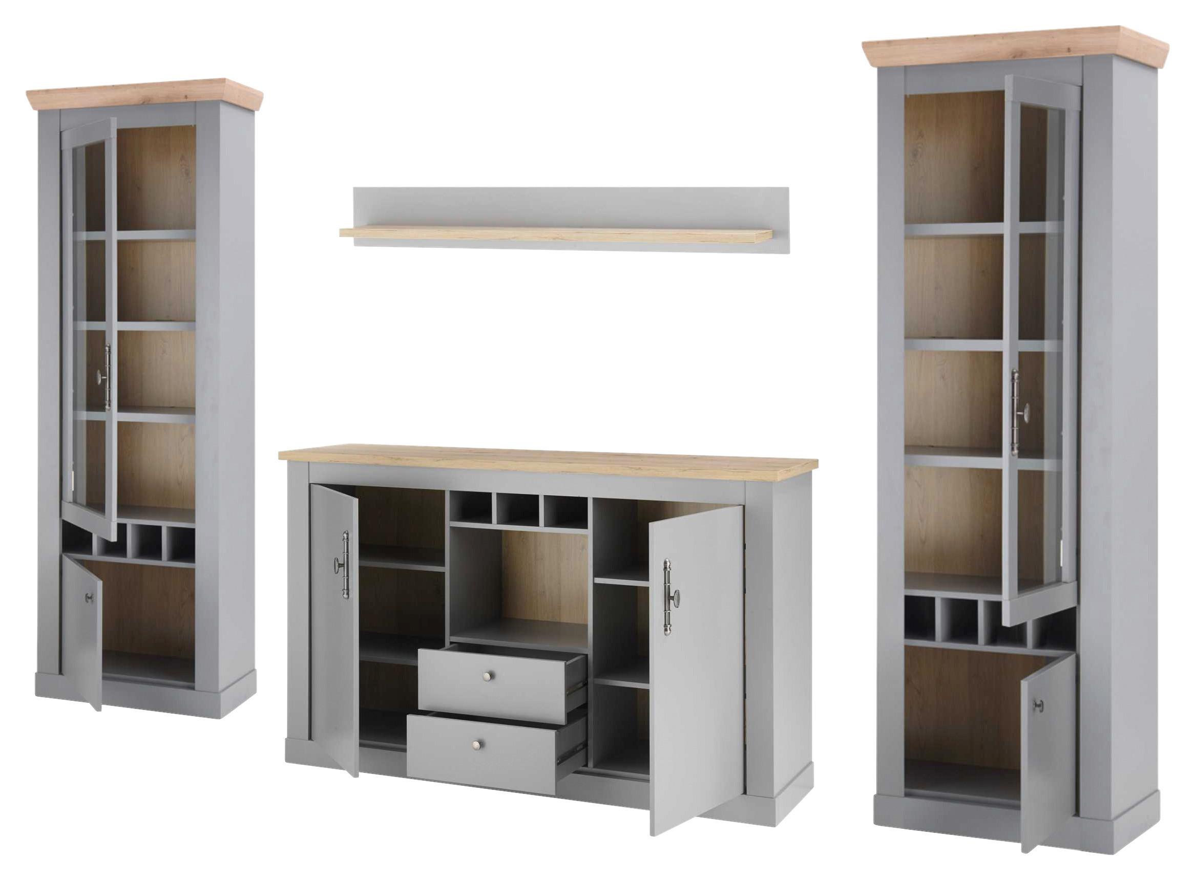 Wohnwand Chambord Hellgrau/Eichefarben B: 328cm - Eichefarben/Hellgrau, Design, Holzwerkstoff (328/201/44cm) - MID.YOU