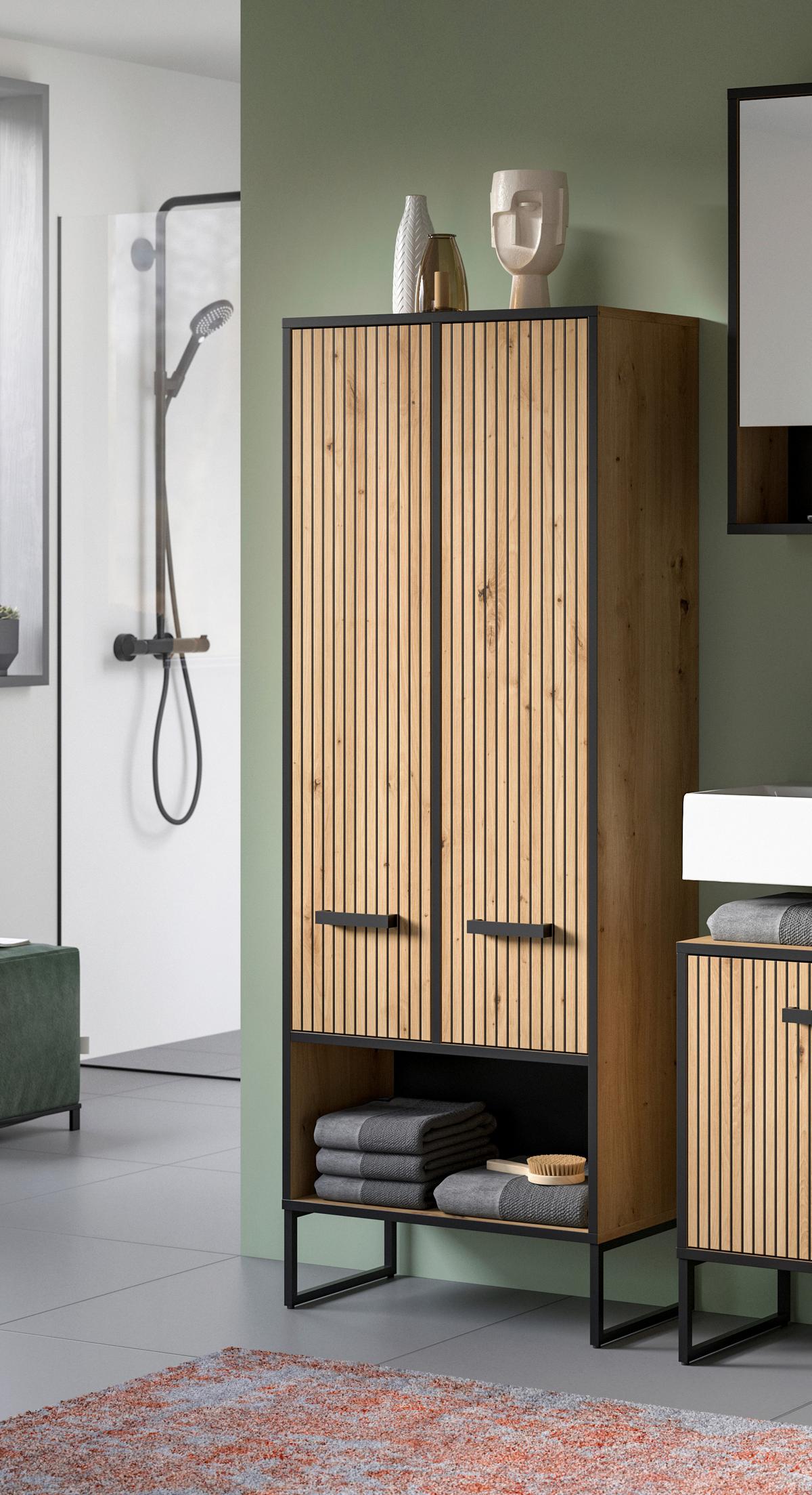 Hochschrank Bagno Schwarz /Eiche Artisan Dekor B: 59cm - Schwarz/Eiche Artisan, Trend, Holzwerkstoff (59/159/32cm) - MID.YOU