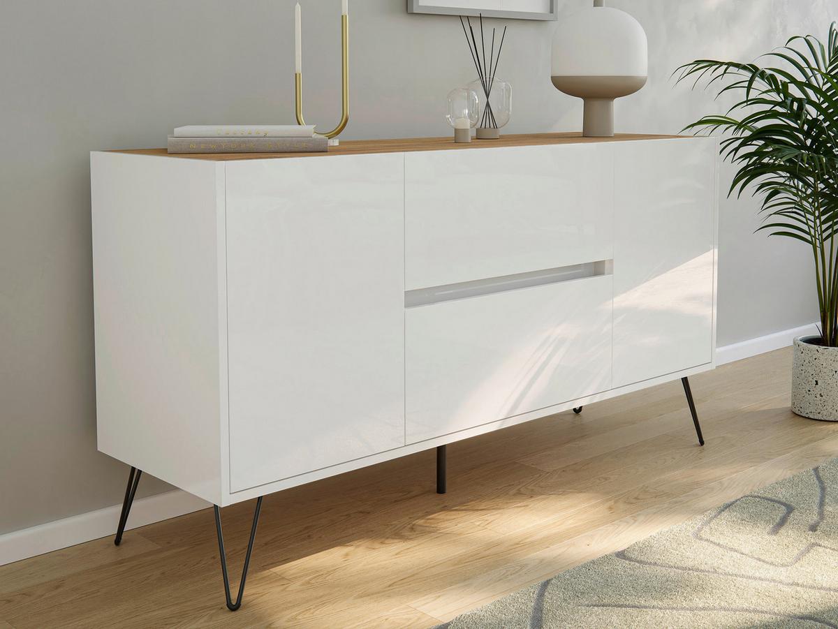 Sideboard Posseik Industrial Weiß/Eichefarben B: 139 cm - Weiß Hochglanz/Eichefarben, Design, Holzwerkstoff (139/75,8/42cm) - MID.YOU