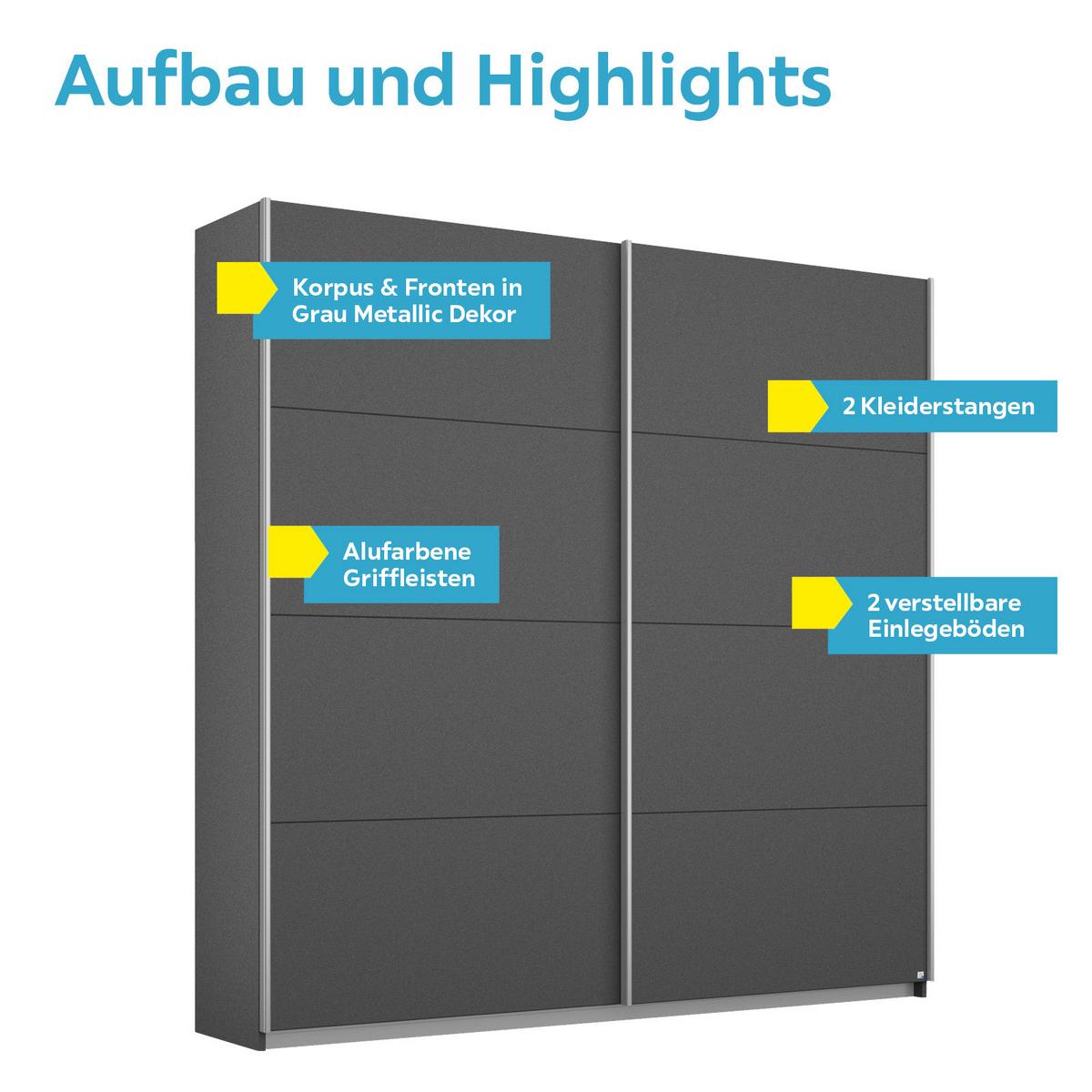 Schwebetürenschrank 181cm Belluno, Grau Metallic Dekor - Grau, MODERN, Holzwerkstoff (181/210/62cm) - Rauch Möbel