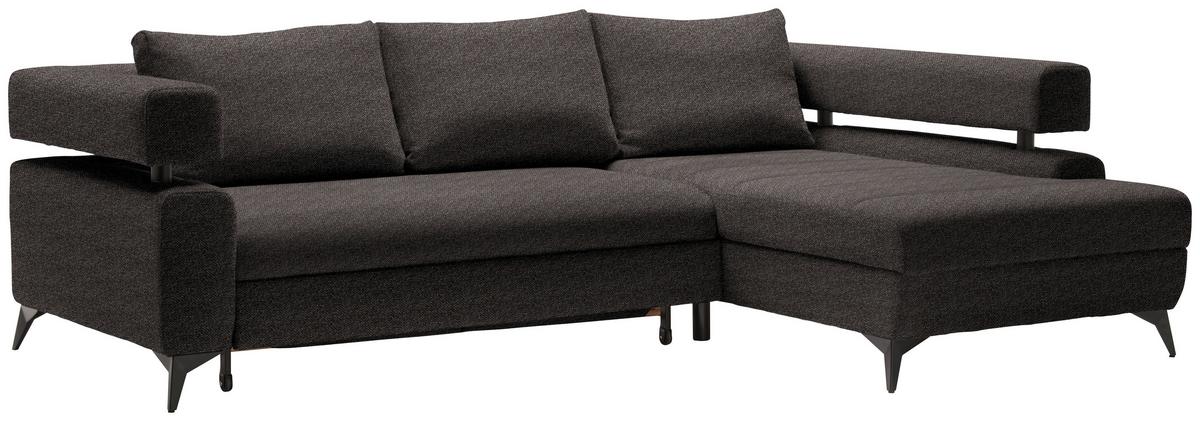 Rohová sedačka ROSALIE, pravá s úložným prostorem a lůžkem - tmavě hnědá/černá, Konvenční, kov/textil (265/184cm)