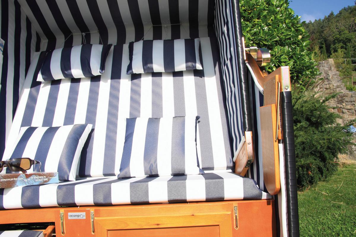 Strandkorb Nordsee Sylt Halblieger 2-Sitzer Blau/Weiß - Blau/Weiß, Basics, Holz/Textil (116/160/72cm) - Acamp
