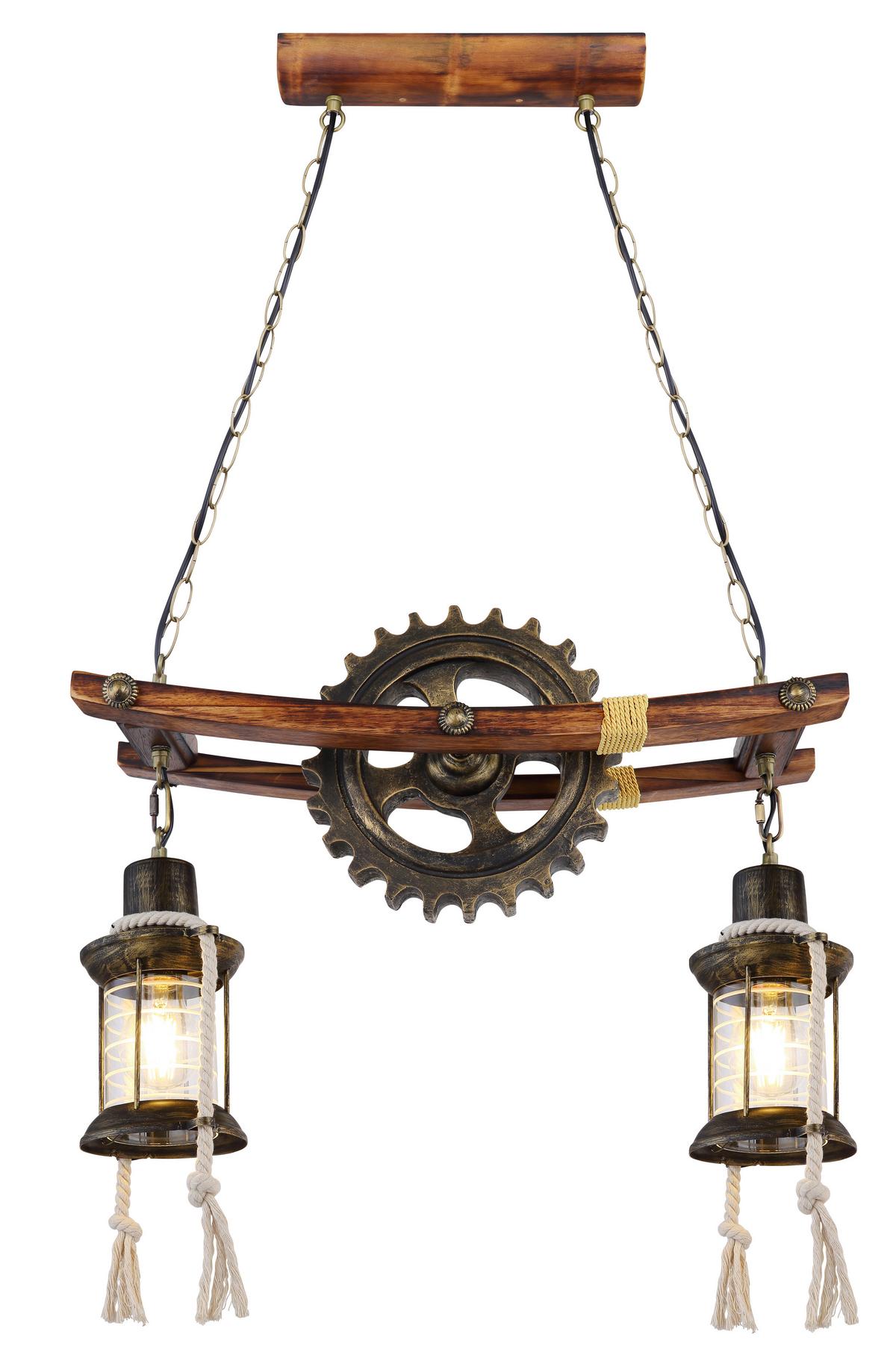 Hängeleuchte H: 110 cm 2-Flammig, mit Zahnrad - Klar/Messingfarben, Design, Glas/Naturmaterialien (62/20/110cm) - Globo