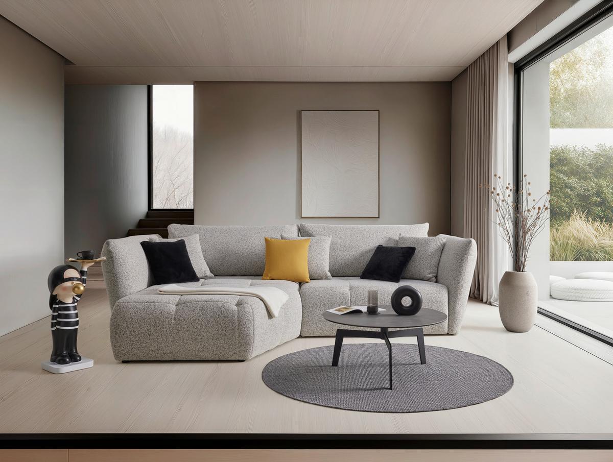 Sedacia súprava BONNY, ľavá, béžová / čierna, 5x vankúš - čierna/béžová, Modern, drevo/textil (193/85-105/300cm) - Premium Living