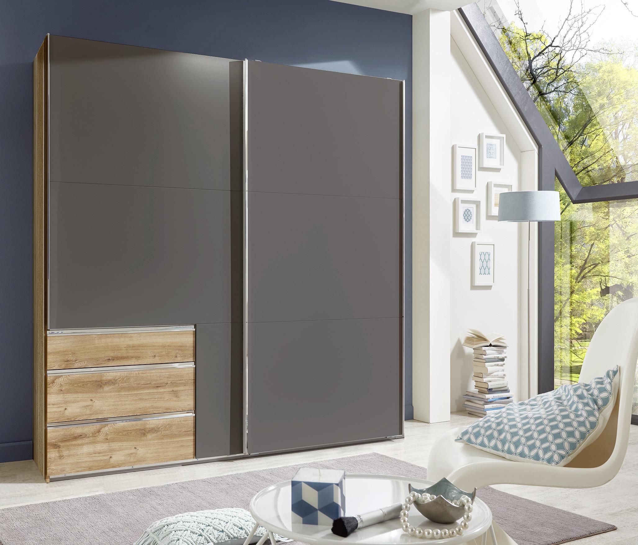 Schwebetürenschrank mit Laden 250cm Level 36a, Graphit/Eiche - Eichefarben/Graphitfarben, MODERN, Holzwerkstoff (250/216/65cm) - MID.YOU