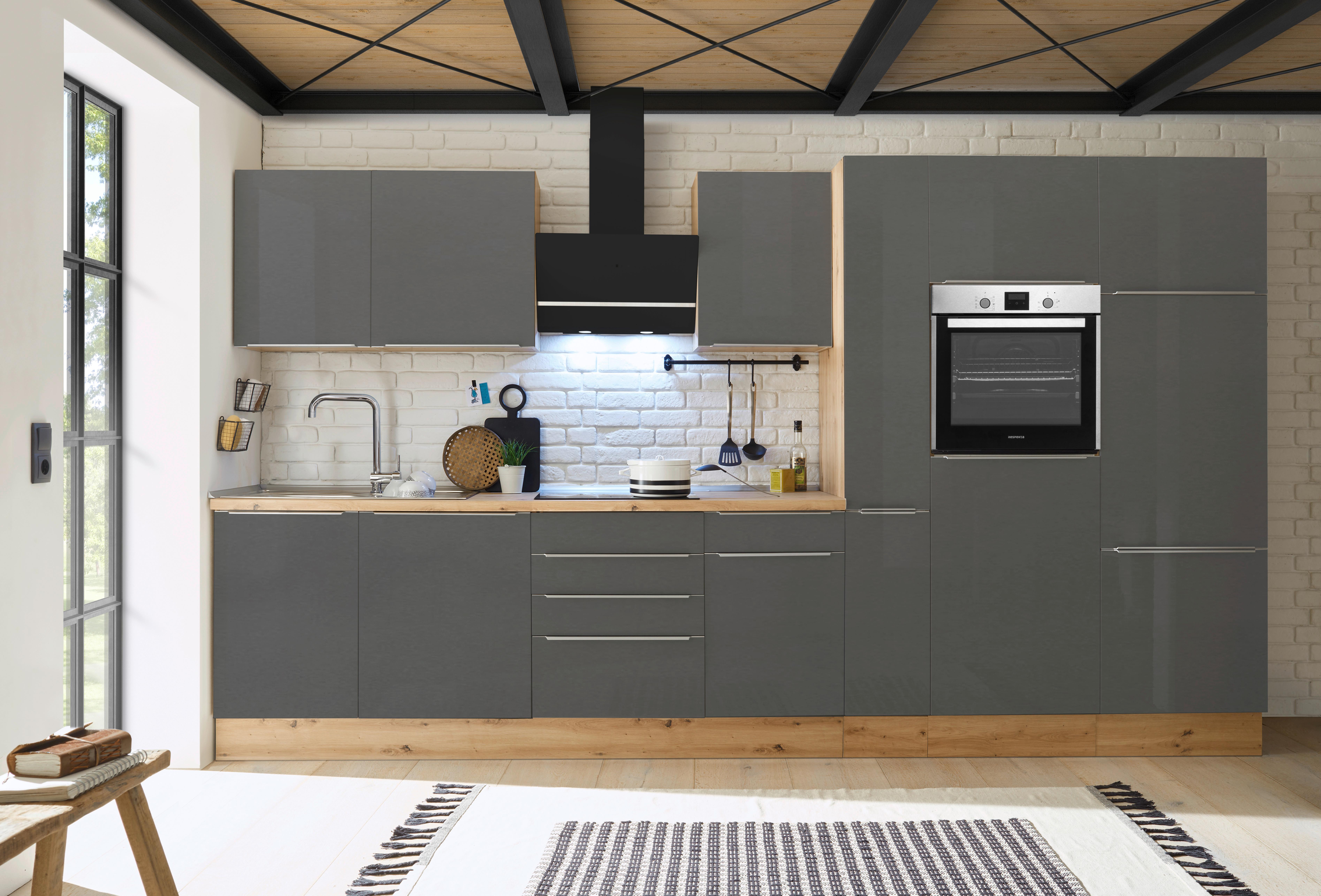 Küchenzeile mit Geräten B: 370 cm Grau/Eiche Dekor - Anthrazit/Eiche Artisan, LIFESTYLE, Holzwerkstoff (370cm) - Respekta