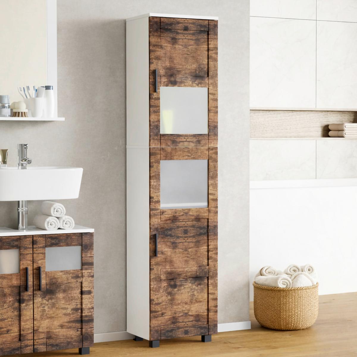 Hochschrank Nilari Weiß/Eichefarben B: 38cm - Eichefarben/Weiß, Trend, Glas/Holzwerkstoff (38/165/28cm) - MID.YOU