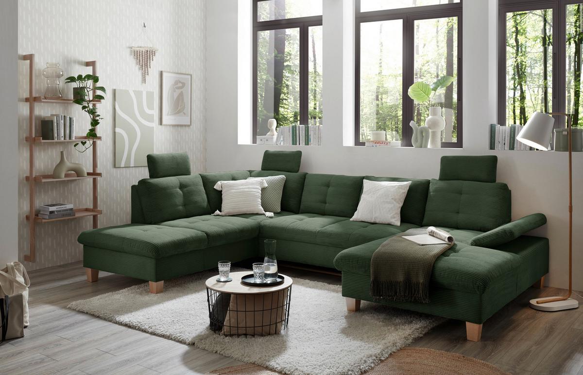 Wohnlandschaft Ascot Dunkelgrün U: 220x324x170 Cm - Dunkelgrün/Eichefarben, KONVENTIONELL, Textil (220/324/170cm) - MID.YOU