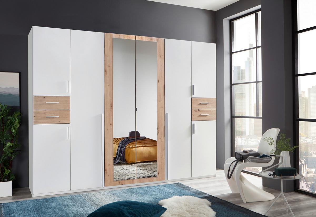 Drehtürenschrank Mit Spiegel + Laden B: 270 cm Vegas, Weiß - Eiche Artisan/Weiß, Basics, Holzwerkstoff (270/208/58cm) - MID.YOU