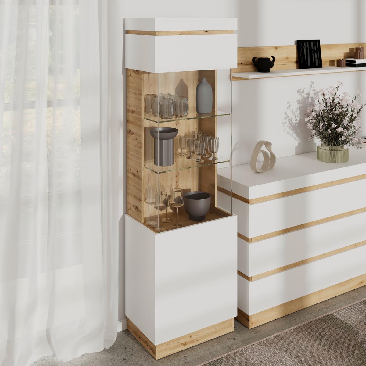 Vitrine Calabria Türanschlag LINKS - Eichefarben/Weiß, Trend, Glas/Holzwerkstoff (60,1/200,5/40cm)