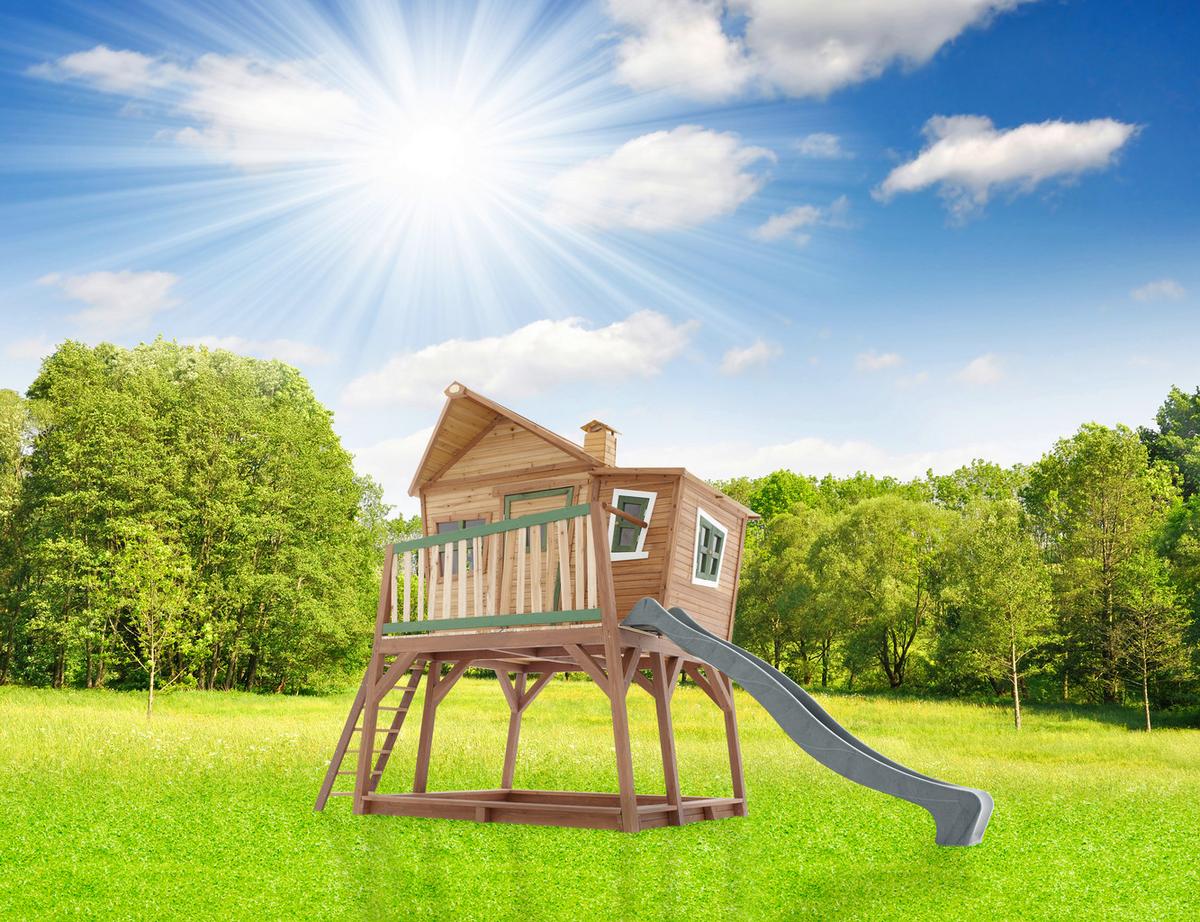 Spielhaus Holz Mit Rutsche Und Kletterwand Braun Grün Max - Braun/Naturfarben, KONVENTIONELL, Holz (435/291/180cm) - Ambia Garden