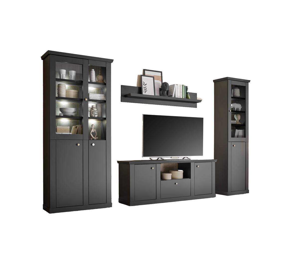 Wohnwand Lincoln Schwarz/Eichefarben B: 319cm - Eichefarben/Schwarz, Design, Holzwerkstoff (319/200/42cm) - MID.YOU