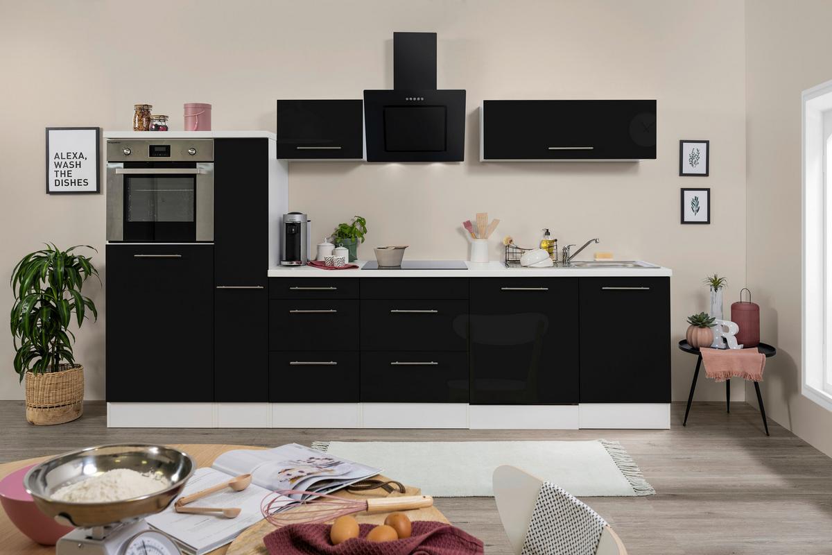 Küchenzeile mit Geräten 310 cm Schwarz Hochglanz/Weiß - Schwarz/Weiß, KONVENTIONELL, Holzwerkstoff (310cm) - Respekta