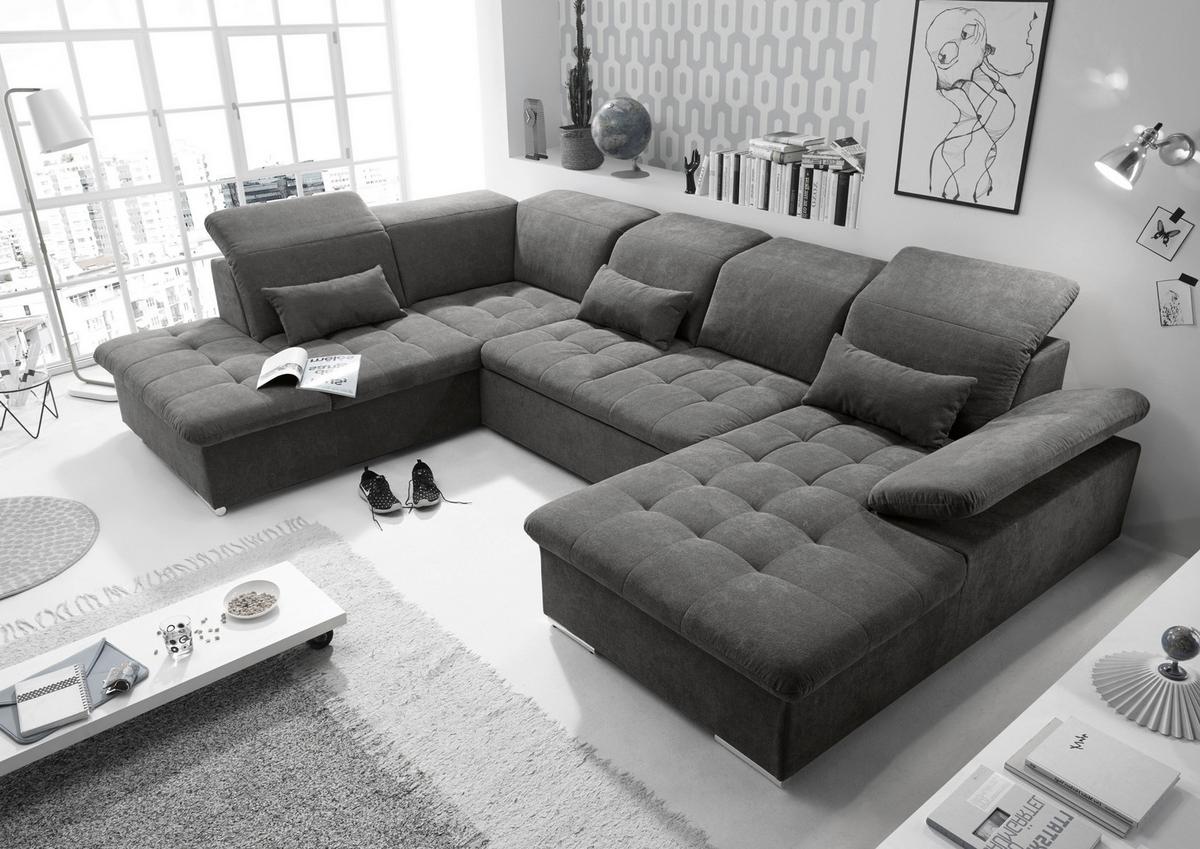 Rozkládací sedací souprava Wayne U, tmavě šedá - barvy stříbra/tmavě šedá, Konvenční, textil/plast (240/340/188cm) - MID.YOU