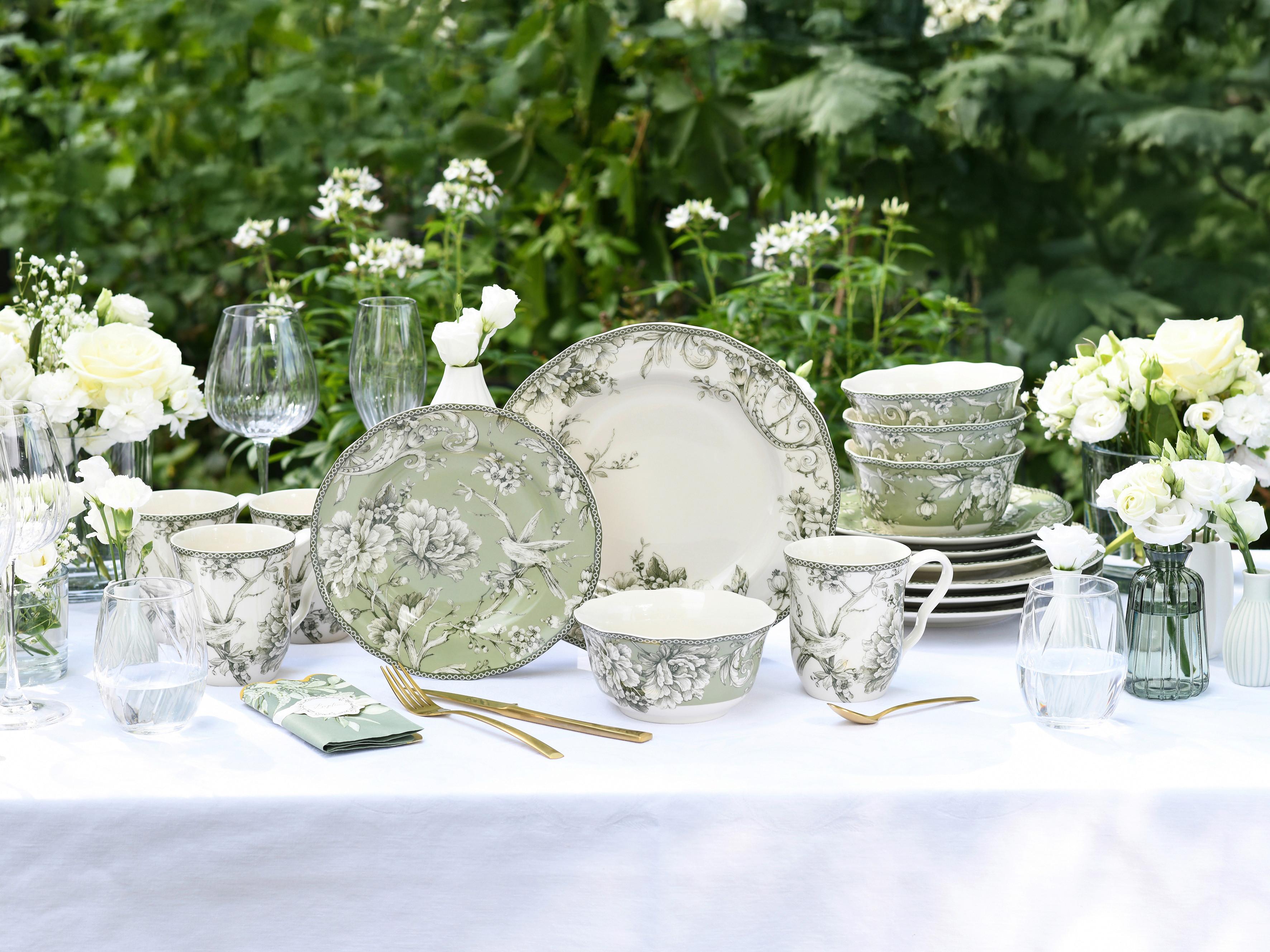 Kombiservice, 16-Teilig für 4 Personen, Porzellan - Weiß/Grün, Basics, Keramik - Creatable