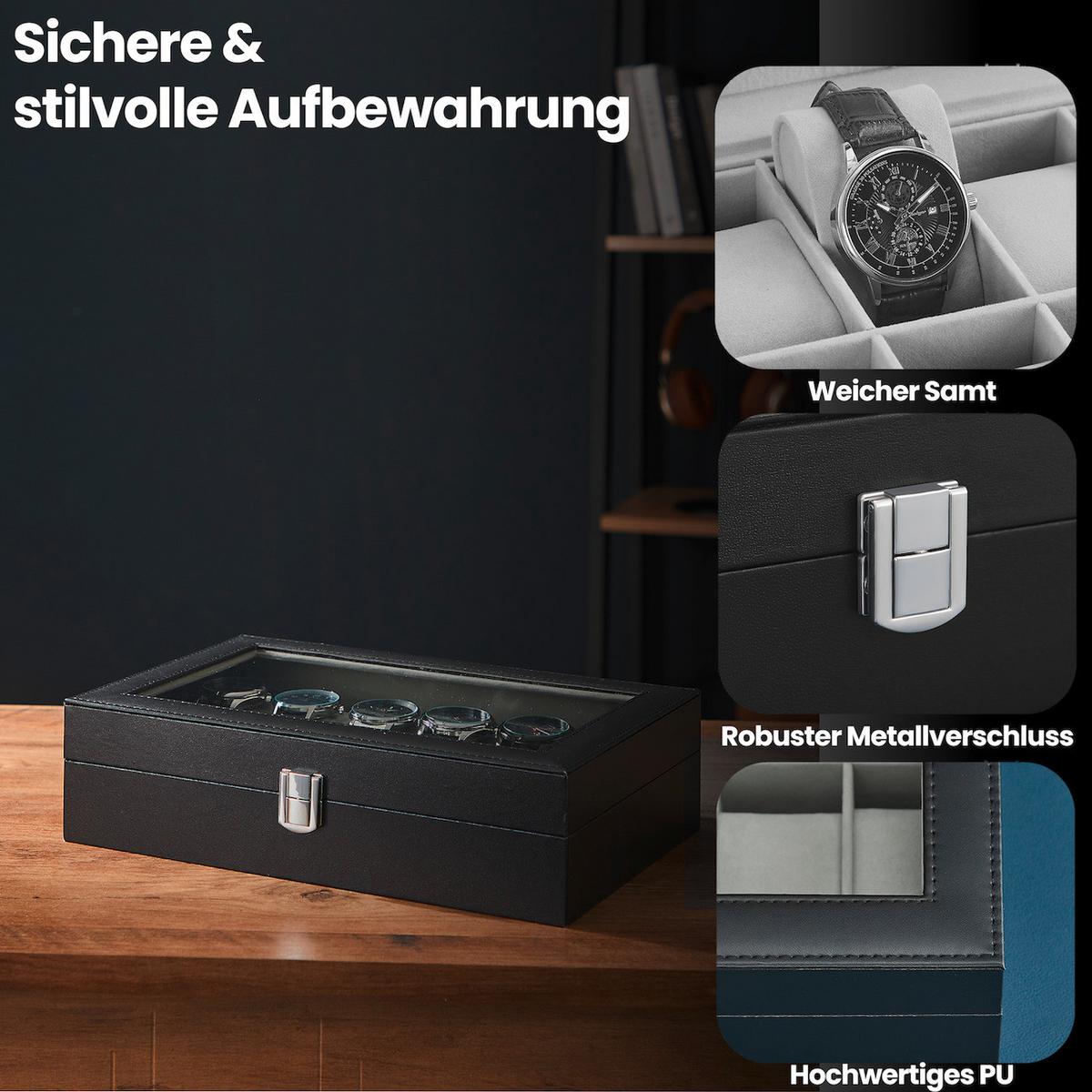 Uhrenbox Schwarz B: 30,2 cm - Schwarz, Basics, Glas/Holzwerkstoff (30,2/7,8/20,2cm)