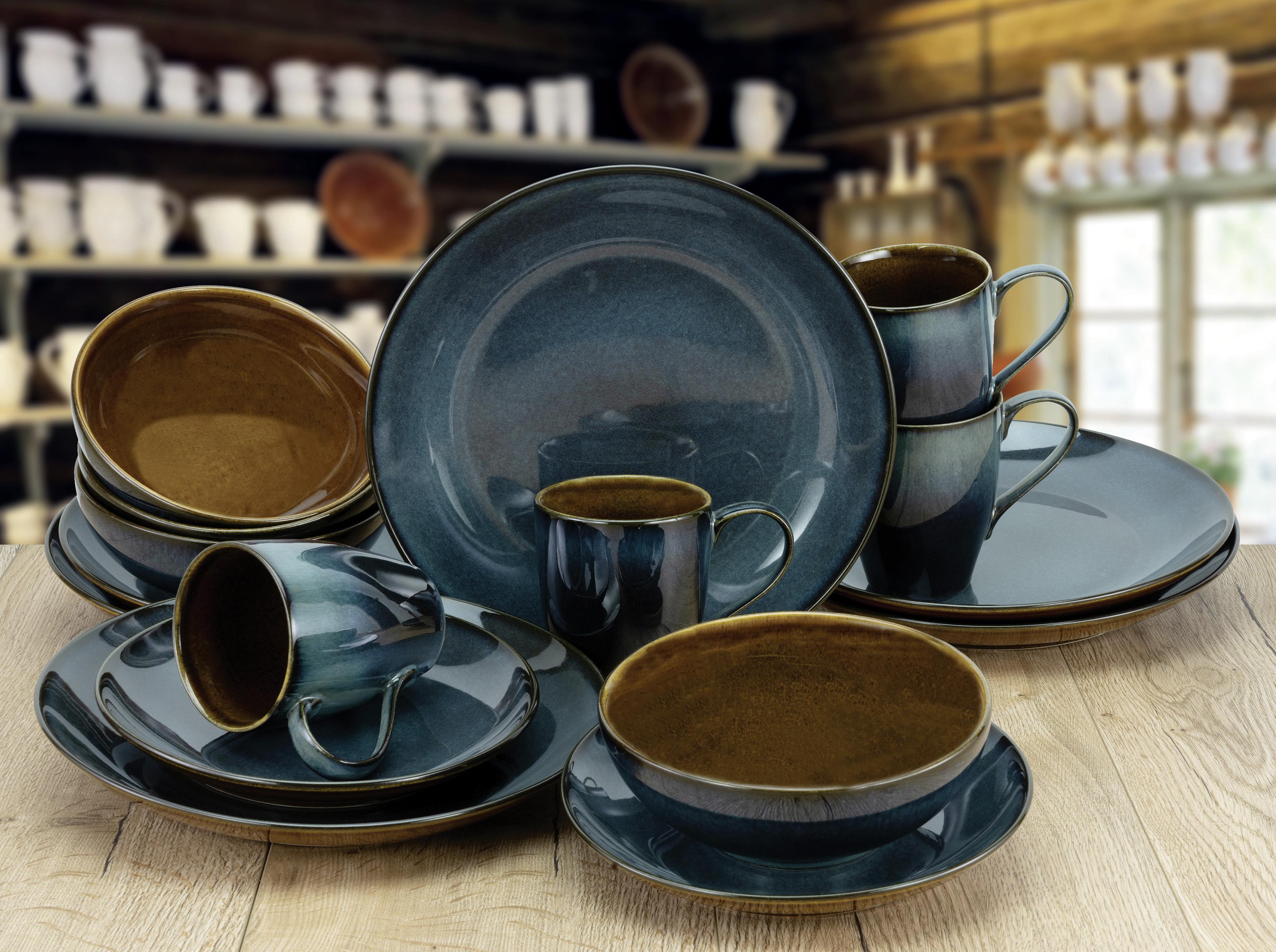 Keramik: Steinzeug • Braun,Petrol • mikrowellengeeignet • 16-teilig, für: 4Personen • spülmaschinengeeignet