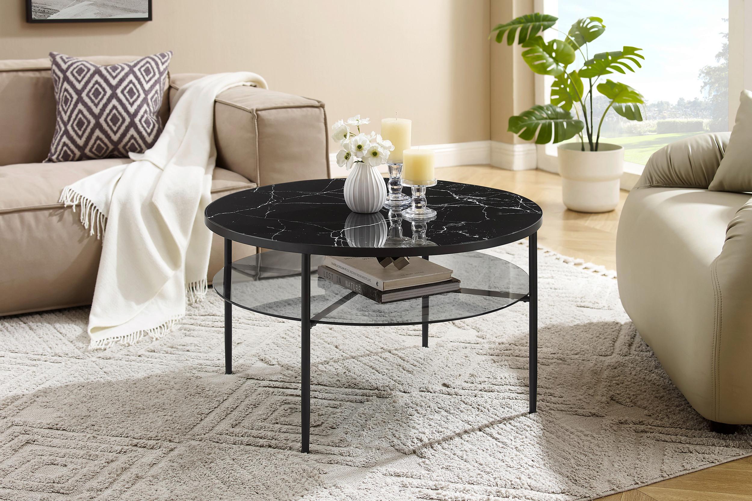 Couchtisch Schwarz/marmoroptik D: 81 Cm - Schwarz, Design, Glas/Metall (81/81/45cm) - Livetastic